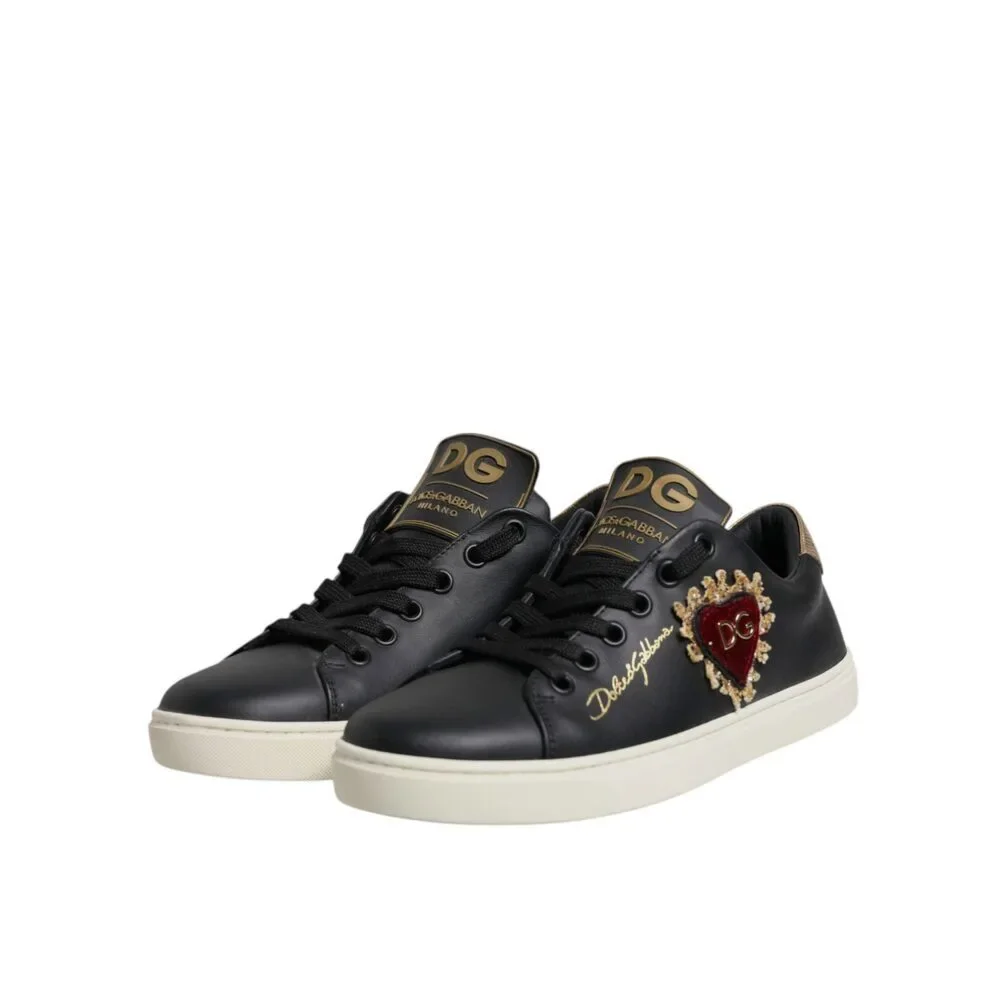 Dolce & Gabbana Black Leather Gold Red Heart Sneakers Shoes - Picture 4 of 9